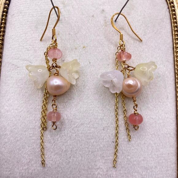 Handmade Flower Drop Earrings Stainless Steel Quartz Beads and Acrylic Flowers - Picture 3 of 4